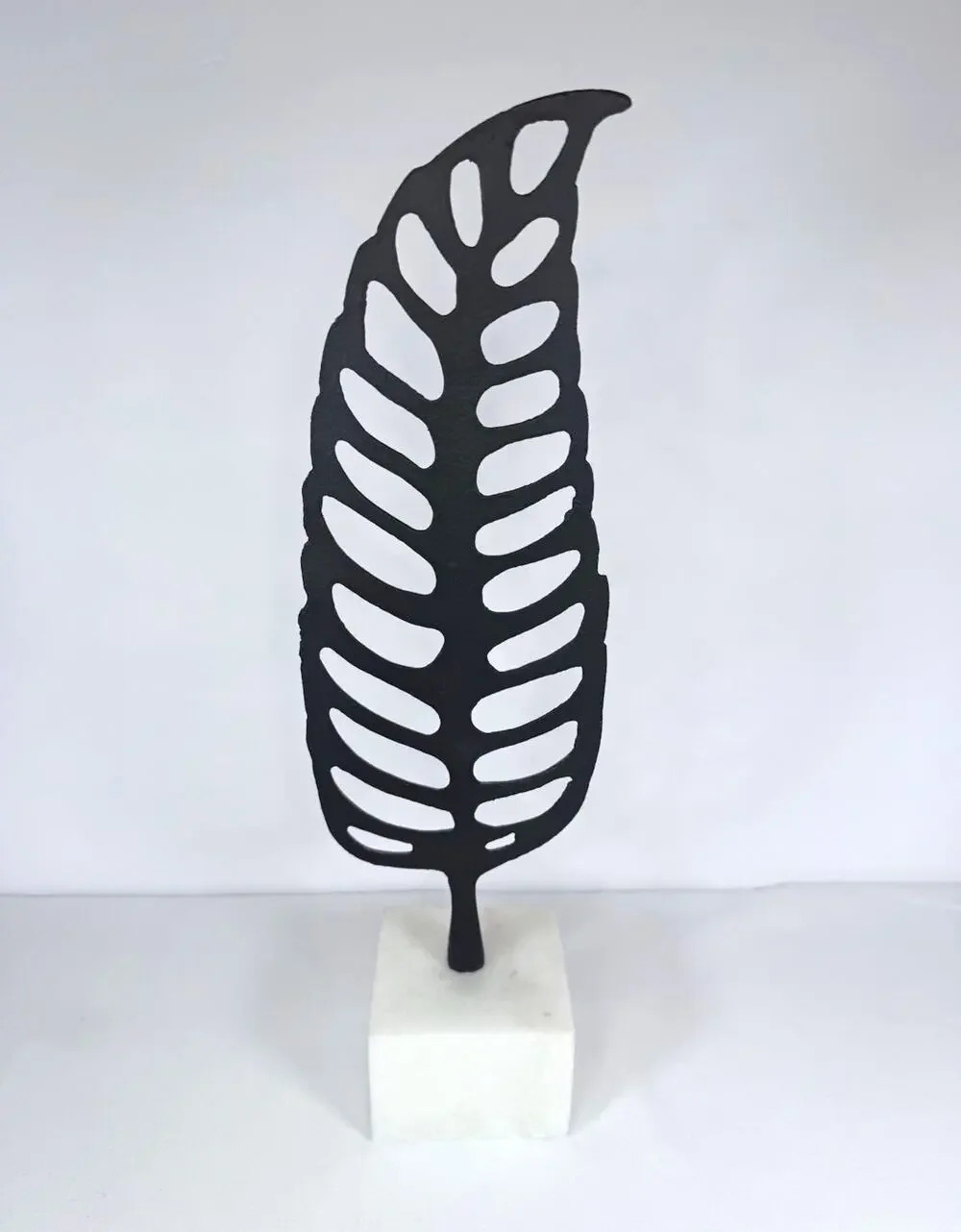 Modern Metal Leaf Sculpture on White Marble Base Art Decor